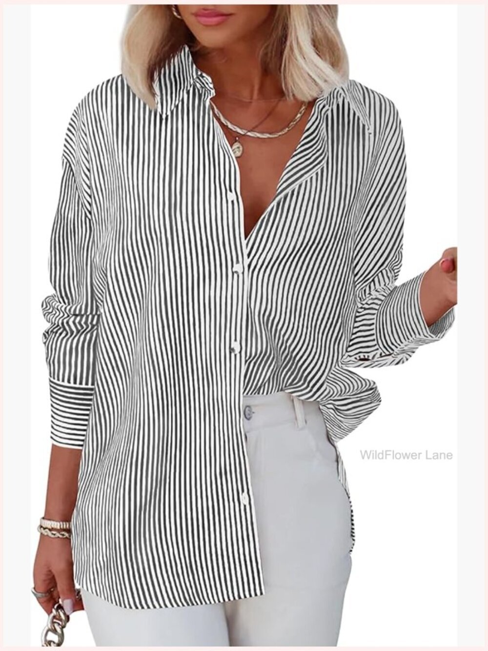Striped Button Down Shirt Long Sleeve Collared Office Blouse